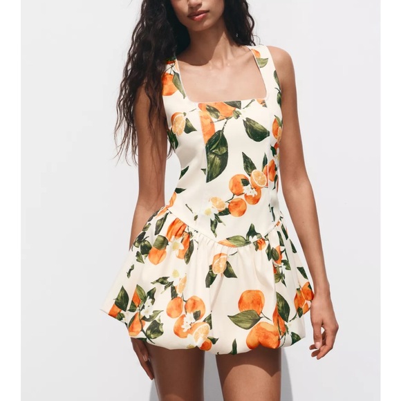 Zara Orange Print Short Dress Small Floral Print Dress with Orange Accents - Picture 1 of 10